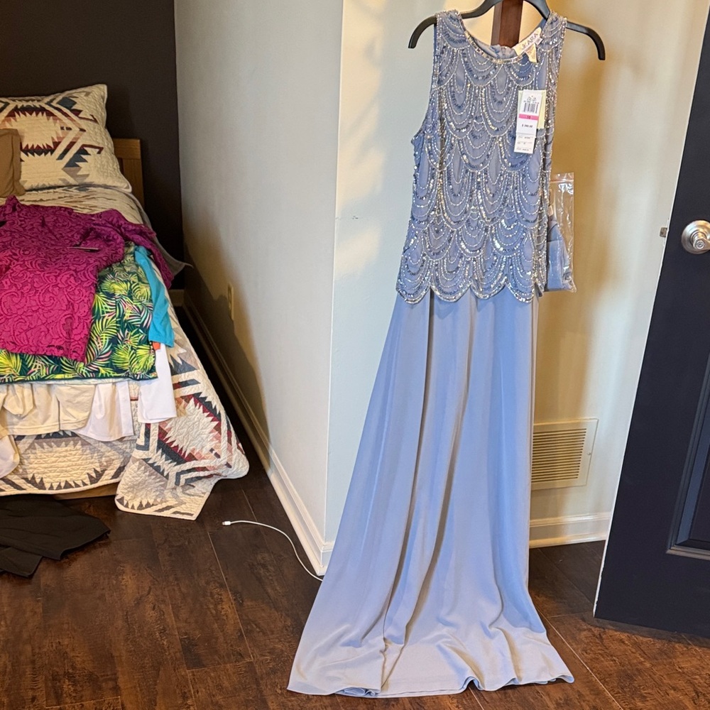 J Kara Light Blue Sequin Beaded Evening Dress